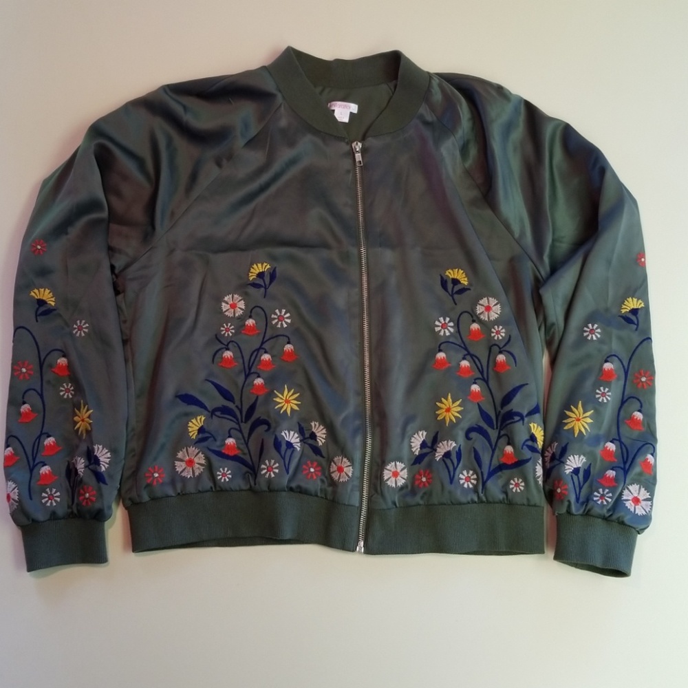 Green silky bomber jacket with floral embroidery.